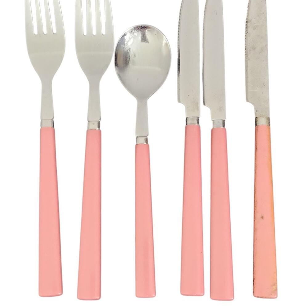 6 Pc Flatware Vtg MCM Stainless Steel Pink Plastic Handle Silverware Thailand